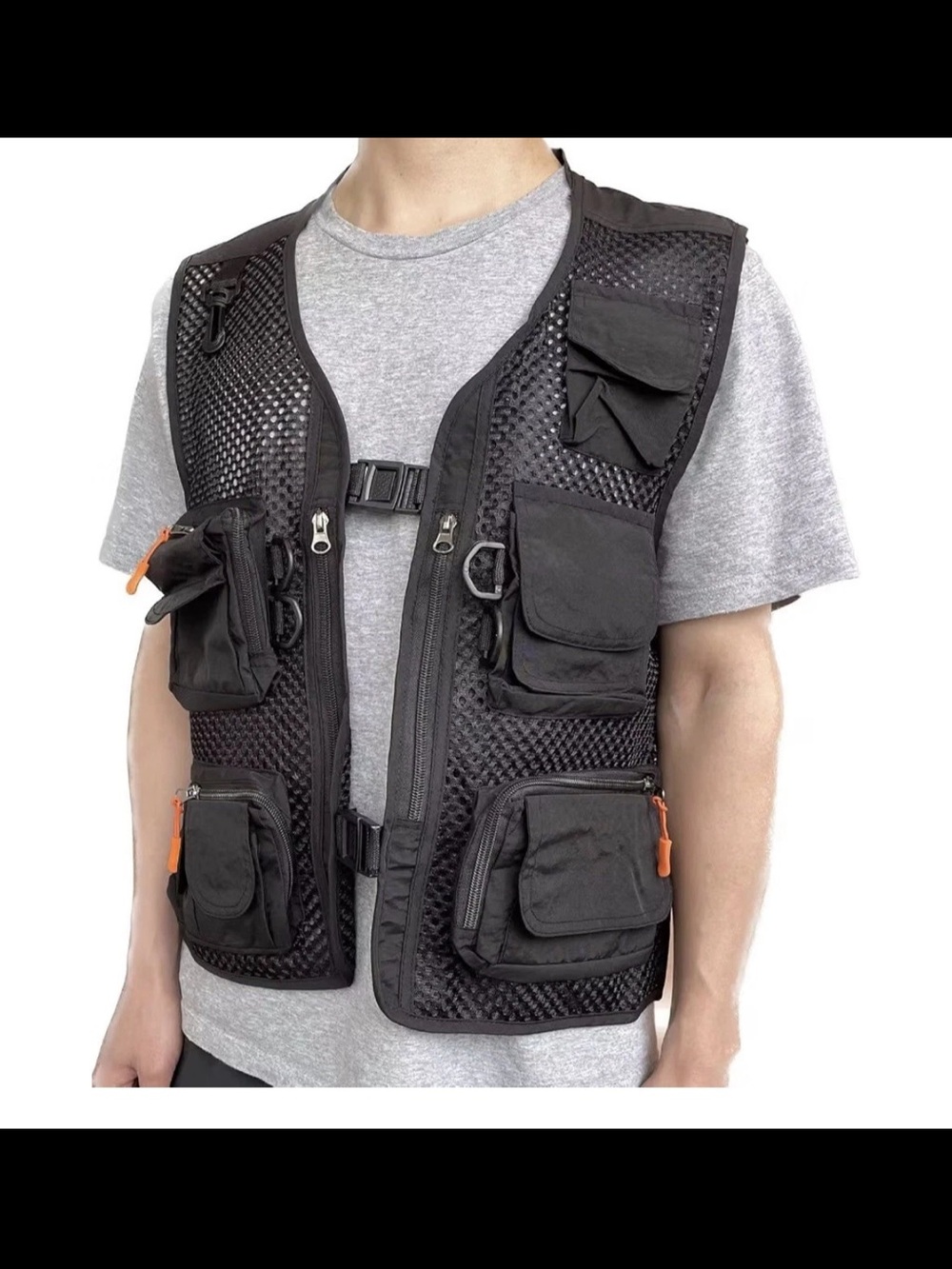 Black Utility Mesh Vest for Men with Multiple Front Pockets